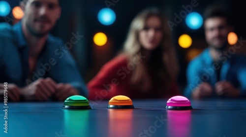 Colorful Game Show Buttons with People in Background