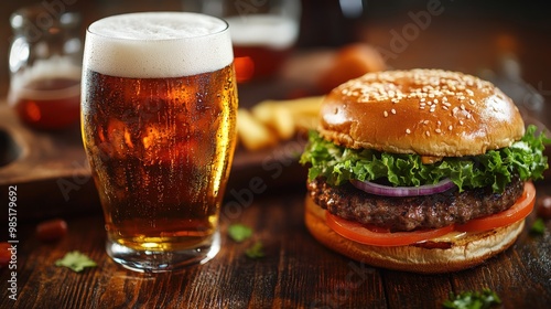 Burger and beer on a wooden board