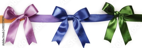 Close-up of satin ribbon bow isolated on white background. Colorful gift decoration with elegant bow, perfect for celebration, party, and special occasions like wedding, anniversary, and birthday. photo