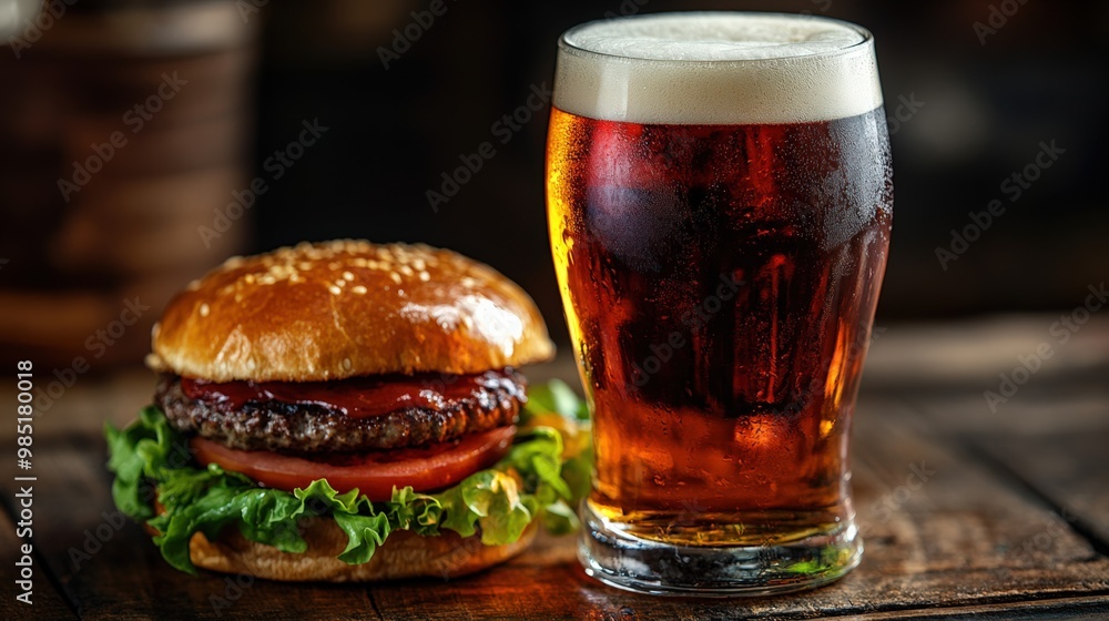 Pub-style burger and beer meal Pub-style burger and beer meal