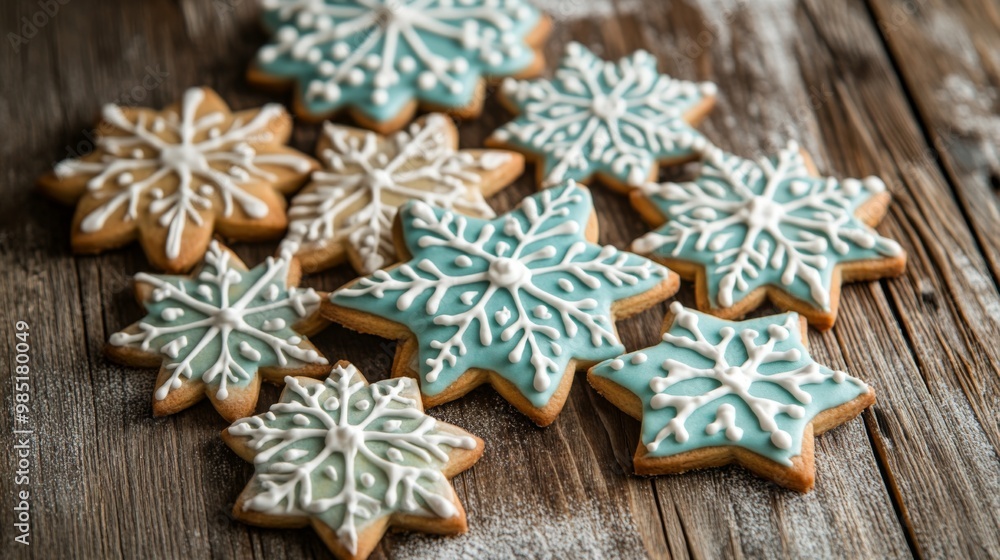 Blue and White Snowflake Star-Shaped Cookies on Wooden Surface Blue and White Snowflake Star-Shaped Cookies on Wooden Surface