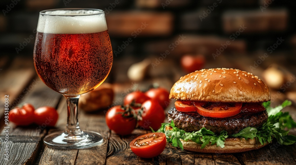 Beer and burger on a rustic table Beer and burger on a rustic table