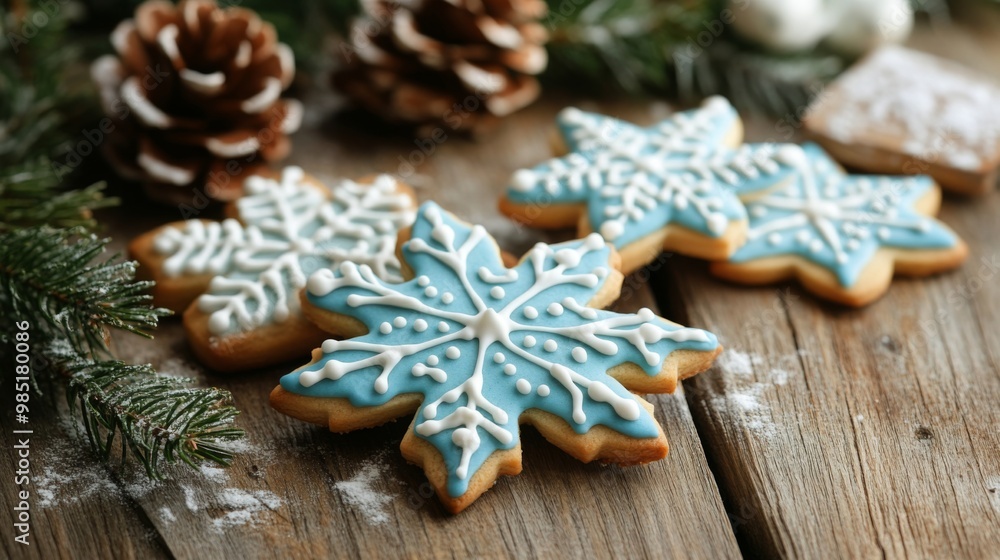 Blue and White Snowflake Cookies on Rustic Wooden Table Blue and White Snowflake Cookies on Rustic Wooden Table
