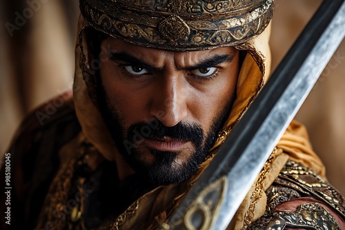 Closeup portrait of a warrior king with sword, historical fantasy costume photo