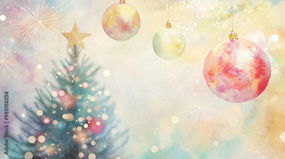 Dreamy watercolor Christmas scene with festive baubles and a decorated tree, set against a pastel background with soft bokeh and snowfall effects. Dreamy watercolor Christmas scene with festive baubles and a decorated tree, set against a pastel background with soft bokeh and snowfall effects.