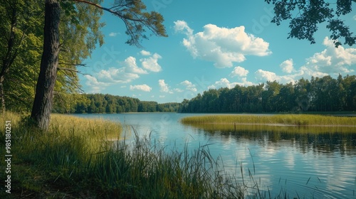 Clear summer day by a lake.