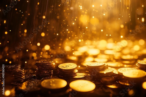 Golden coins raining down with glowing light bokeh. Concept of wealth, success, and prosperity