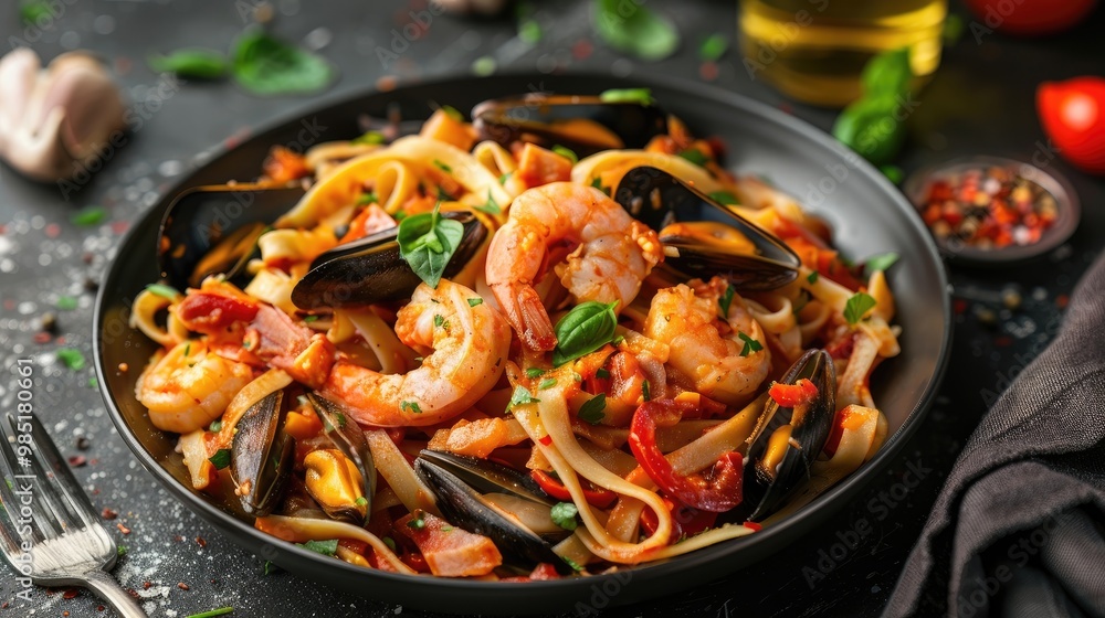 Elegant seafood pasta with mussels and shrimp. Elegant seafood pasta with mussels and shrimp.