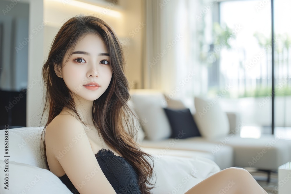 Beautiful young Asian woman dressed in black sitting on a couch and looking into camera in modern style living room Beautiful young Asian woman dressed in black sitting on a couch and looking into camera in modern style living room