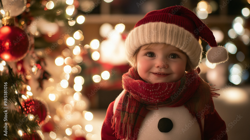 Adorable child dressed in a snowman costume, smiling joyfully in front of a beautifully lit Christmas tree, with warm festive lights creating a magical holiday atmosphere. Adorable child dressed in a snowman costume, smiling joyfully in front of a beautifully lit Christmas tree, with warm festive lights creating a magical holiday atmosphere.