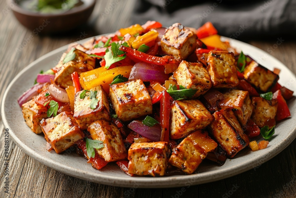 Glazed Tofu with Red and Yellow Peppers and Red Onion Glazed Tofu with Red and Yellow Peppers and Red Onion