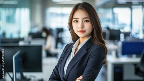 Confident female business leader in black suit looking into camera in modern office. Portrait of beautiful Asian businesswoman