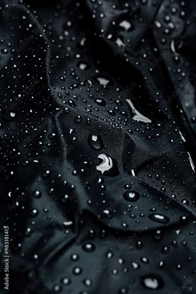 Close-up view of black fabric with water droplets scattered across its surface, creating sense of movement and dynamism. Textured fabric draws focus as background is blurred. Close-up view of black fabric with water droplets scattered across its surface, creating sense of movement and dynamism. Textured fabric draws focus as background is blurred.