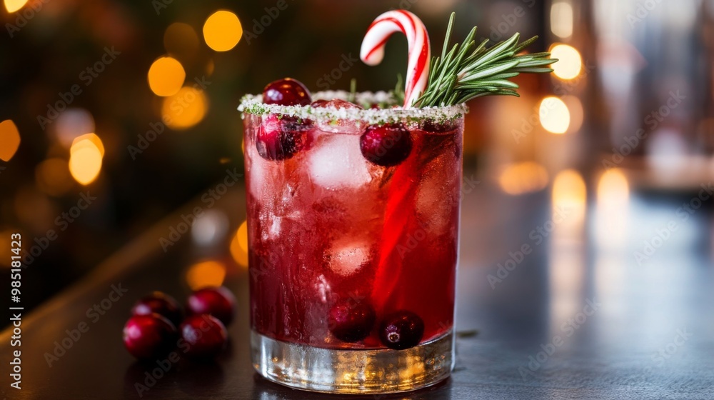 Festive Cranberry Cocktail with a Candy Cane and Rosemary Garnish Festive Cranberry Cocktail with a Candy Cane and Rosemary Garnish