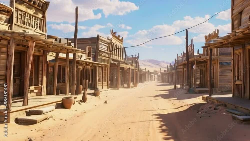 Desolate Western Town Street with Wooden Buildings and Dusty Road Desolate Western Town Street with Wooden Buildings and Dusty Road