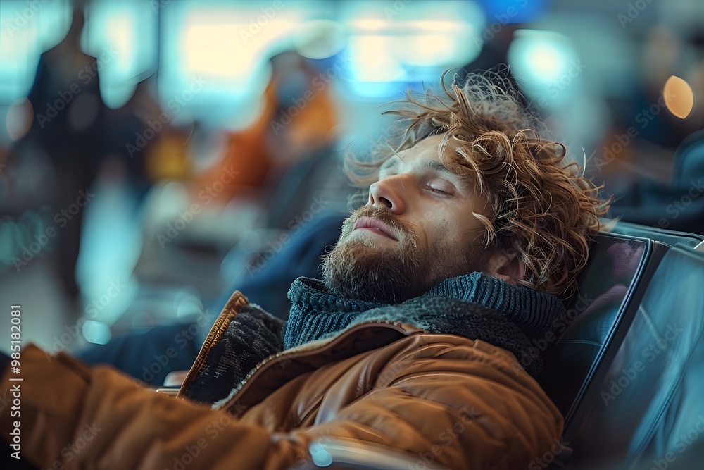 Tired bearded traveler resting on airport bench. Tired bearded traveler resting on airport bench.