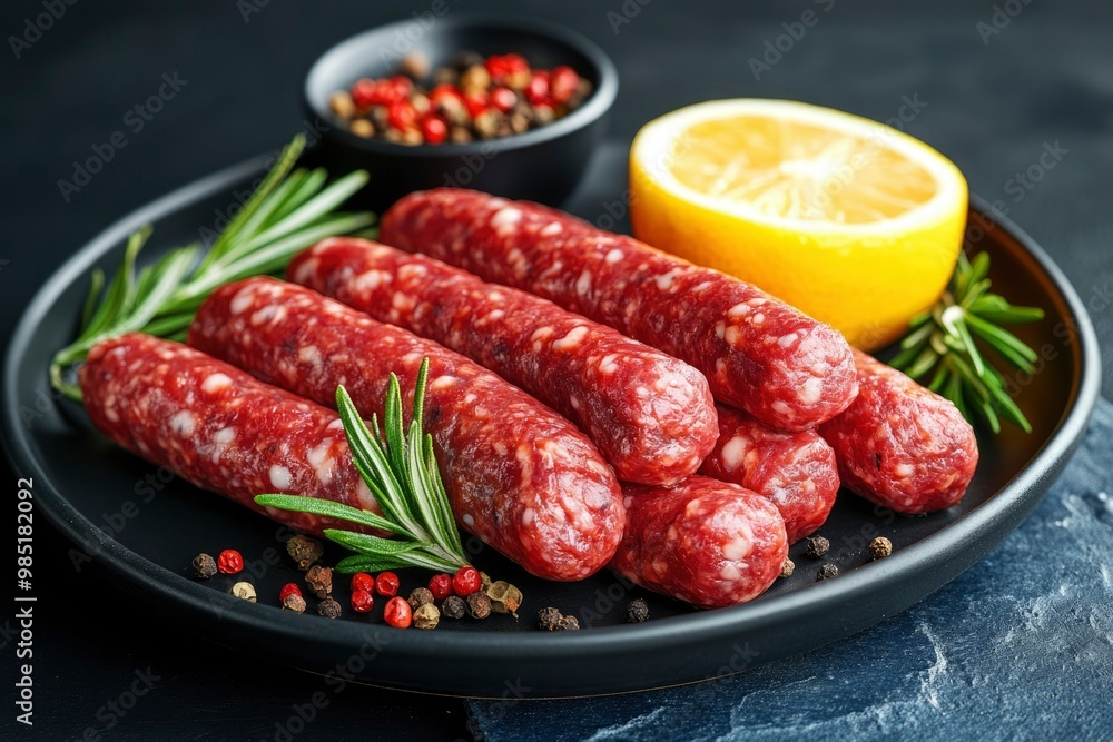 A Plate of Salami with Rosemary, Lemon, and Peppercorns A Plate of Salami with Rosemary, Lemon, and Peppercorns