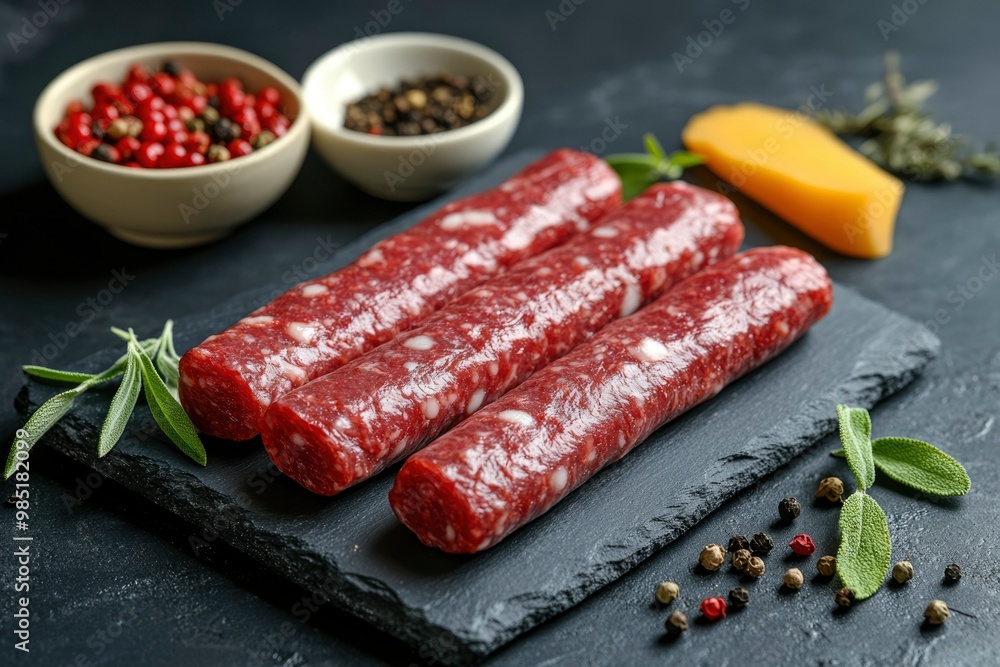 Three Salami Sticks on a Black Slate Plate with Peppercorns and Sage Three Salami Sticks on a Black Slate Plate with Peppercorns and Sage