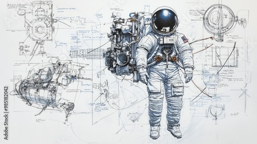Fototapeta Naklejka Na Ścianę i Meble -  A hand-drawn illustration of an astronaut in a spacesuit standing in front of technical blueprints.