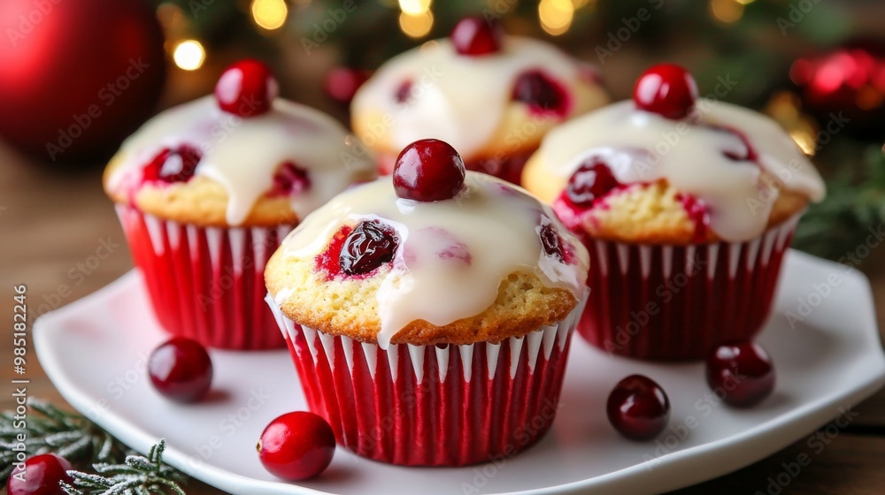 Cranberry muffins with white icing and red liners on a white plate Cranberry muffins with white icing and red liners on a white plate