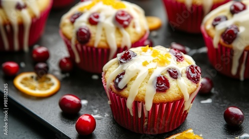 Close-up of Cranberry and Orange Zest Muffins with White Glaze photo