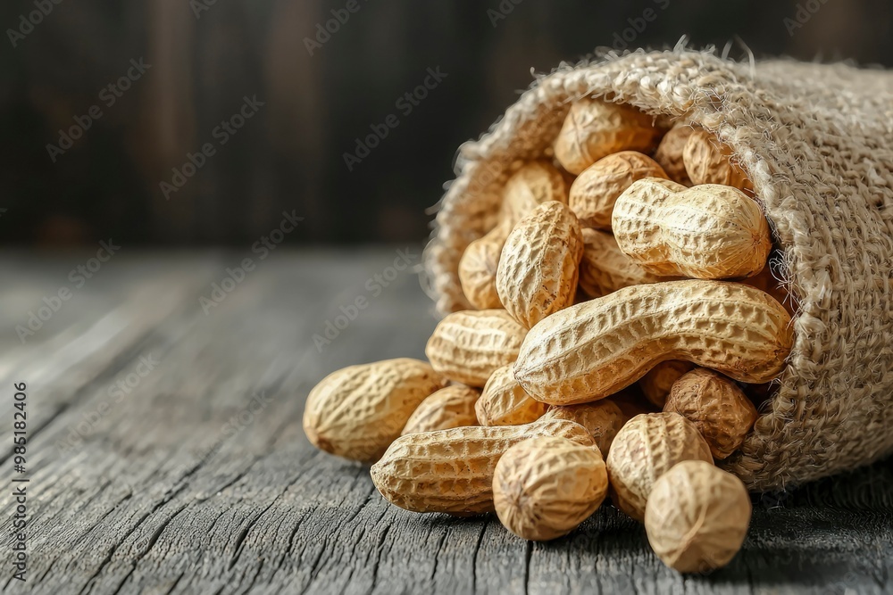 Peanuts spilling from a burlap sack onto a wooden surface Peanuts spilling from a burlap sack onto a wooden surface