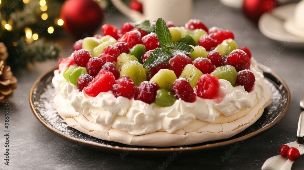 Festive Fruit-Topped Meringue Dessert on a Black Plate Festive Fruit-Topped Meringue Dessert on a Black Plate