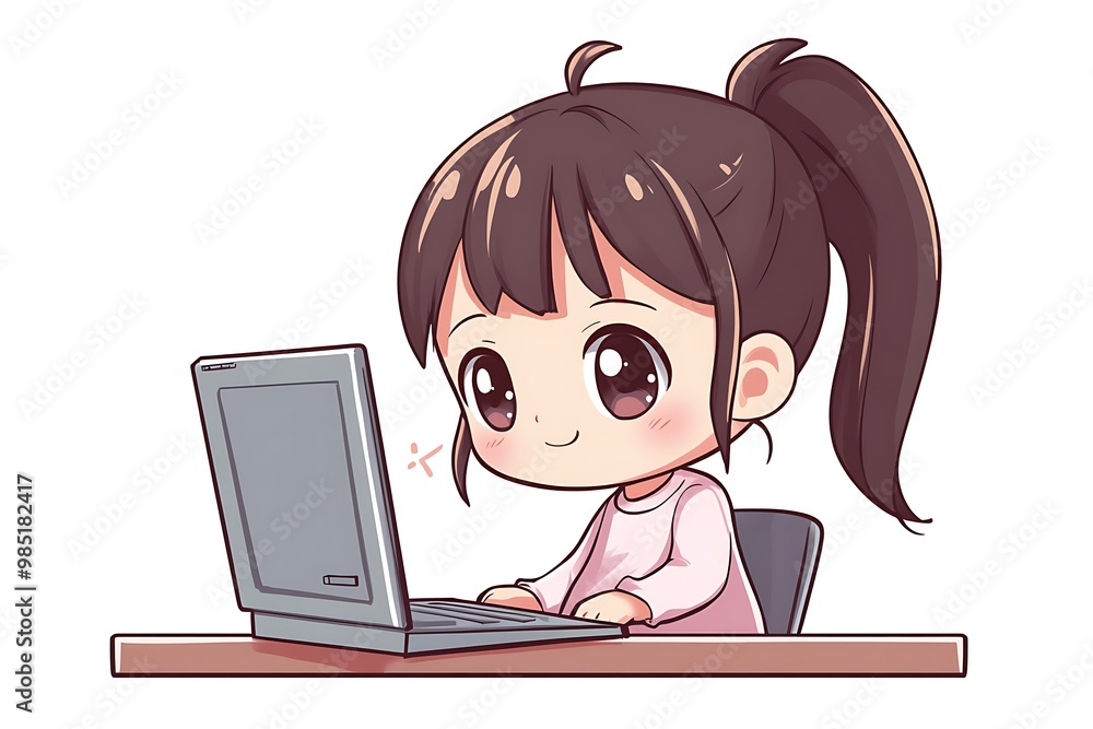 Cute cartoon girl using a laptop computer, illustration of technology, online learning, and social media Cute cartoon girl using a laptop computer, illustration of technology, online learning, and social media