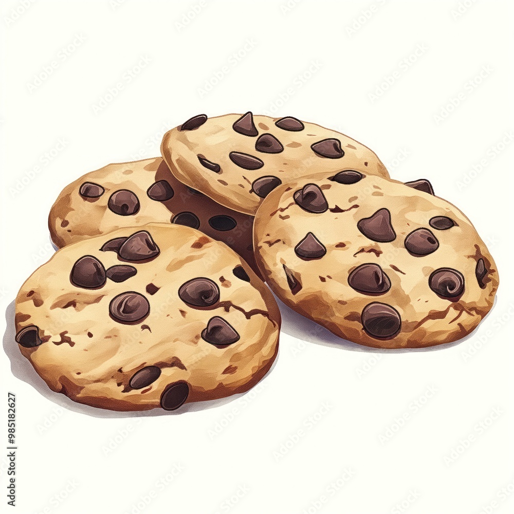 Fototapeta premium Illustration of side by side chocolate chip cookies on white background. Cookies have soft, doughy centers and crunchy edges. Chocolate chips are gooey and aromatic. Sweet, indulgent treat.