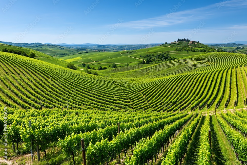 A view of rolling hills covered in green vineyards, under a bright summer sky A view of rolling hills covered in green vineyards, under a bright summer sky