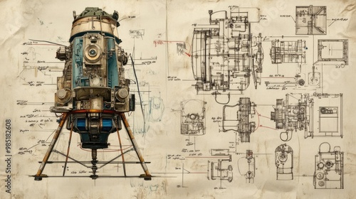 Fototapeta Naklejka Na Ścianę i Meble -  A vintage illustration of a spacecraft with technical blueprints and sketches.