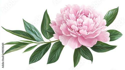 A botanical illustration of a blooming peony flower, with soft pink petals and vibrant green leaves, isolated on a white background