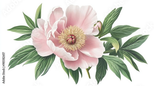Fototapeta Naklejka Na Ścianę i Meble -  A botanical illustration of a blooming peony flower, with soft pink petals and vibrant green leaves, isolated on a white background
