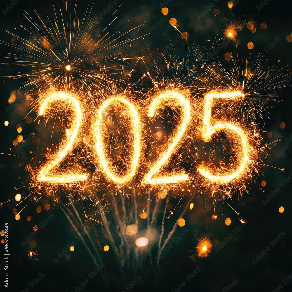 The year 2025 written in sparkling fireworks against a dark night sky. The year 2025 written in sparkling fireworks against a dark night sky.