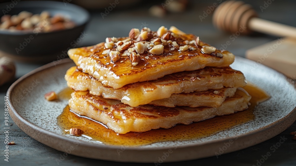 Golden pancakes are stacked on a rustic plate, drizzled with syrup and topped with chopped nuts, creating a mouthwatering breakfast scene perfect for food blogs, recipes, and culinary promotions, Golden pancakes are stacked on a rustic plate, drizzled with syrup and topped with chopped nuts, creating a mouthwatering breakfast scene perfect for food blogs, recipes, and culinary promotions,