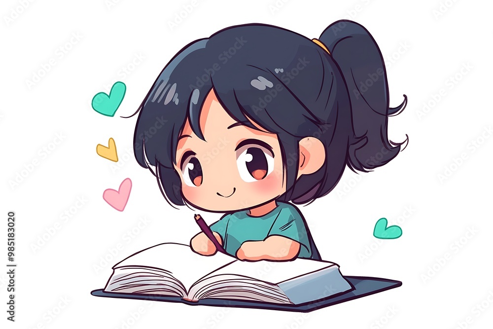 Cute anime girl writing in a notebook with a pencil Cute anime girl writing in a notebook with a pencil