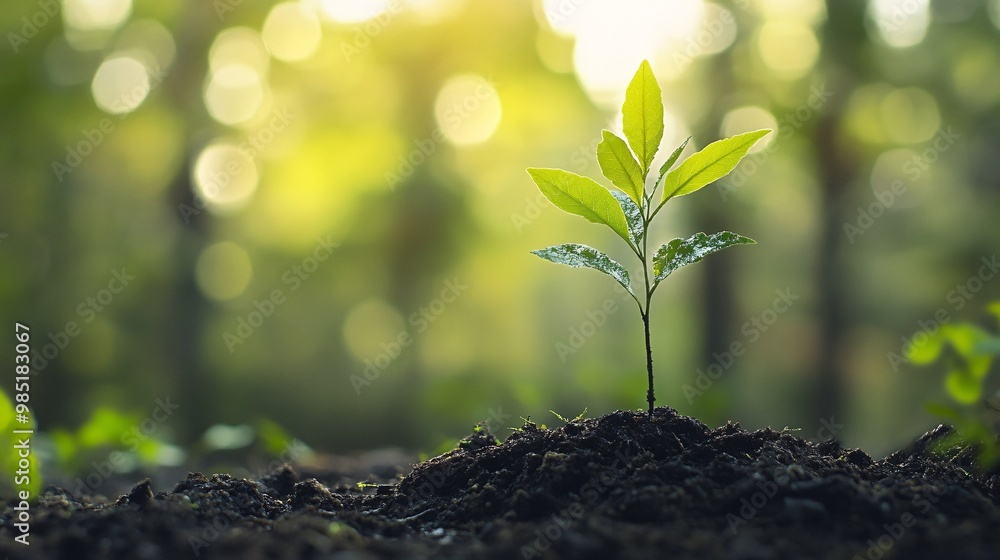 A Single Sapling Emerging From Dark Soil in a Sun-Dappled Forest A Single Sapling Emerging From Dark Soil in a Sun-Dappled Forest