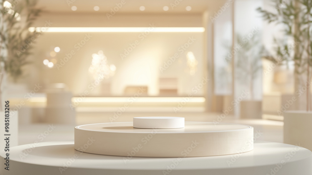 Elegant display podium in a luxurious retail environment, illuminated by soft, ambient lighting. The minimalist design and warm tones enhance the sophisticated atmosphere. Elegant display podium in a luxurious retail environment, illuminated by soft, ambient lighting. The minimalist design and warm tones enhance the sophisticated atmosphere.