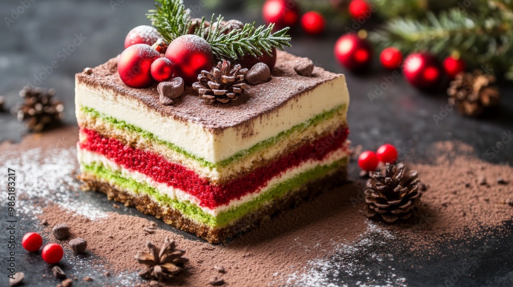 Festive Layered Cake with Red Ornaments and Pine Festive Layered Cake with Red Ornaments and Pine