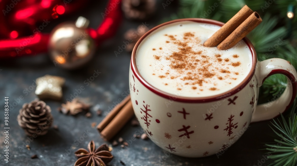 A Mug of Eggnog with Cinnamon Sticks and Ground Cinnamon on a Rustic Background A Mug of Eggnog with Cinnamon Sticks and Ground Cinnamon on a Rustic Background