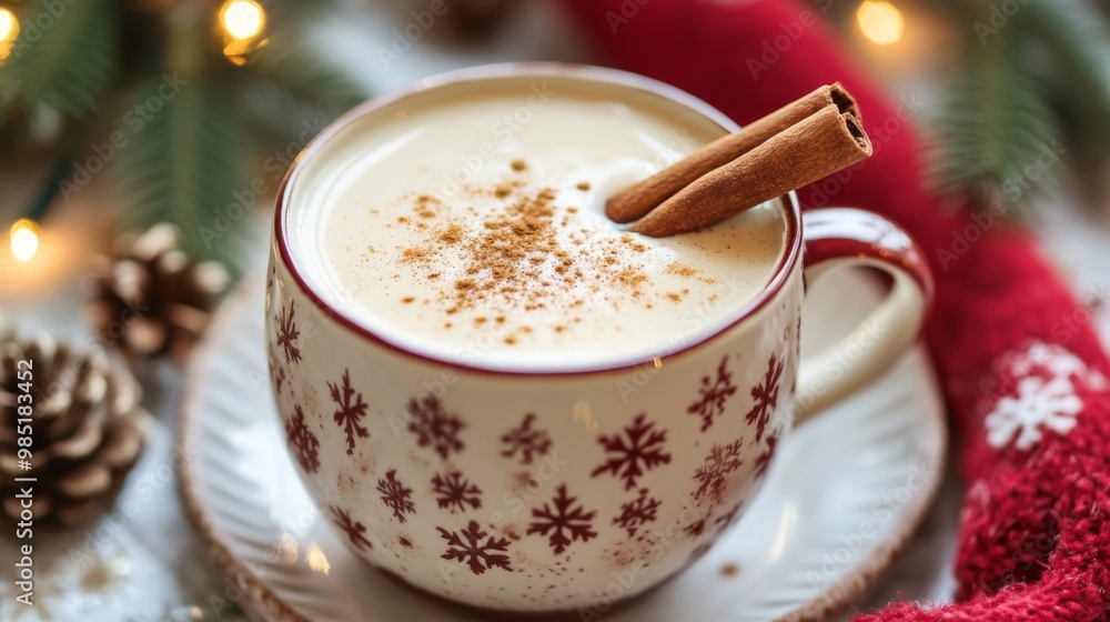 A Cup of Eggnog with Cinnamon Stick and Festive Decor A Cup of Eggnog with Cinnamon Stick and Festive Decor