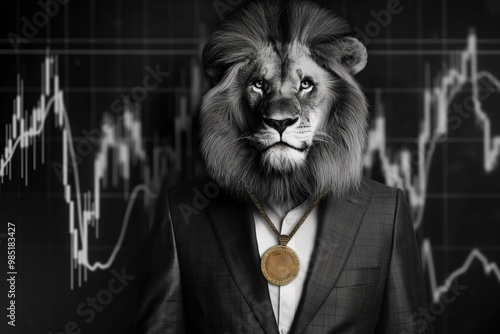 Majestic lion in suit with bitcoin coin necklace. Grayscale background features finance graph. Lion powerful stare, strong presence, and wild mane contrast with financial concepts. photo