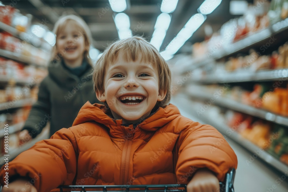 Happy Young Boy In Orange Jacket In Supermarket Happy Young Boy In Orange Jacket In Supermarket
