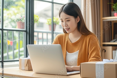 Asian young woman entrepreneur working from home office using laptop computer checking order for delivery. She is preparing parcel for shipping, packing product carefully.