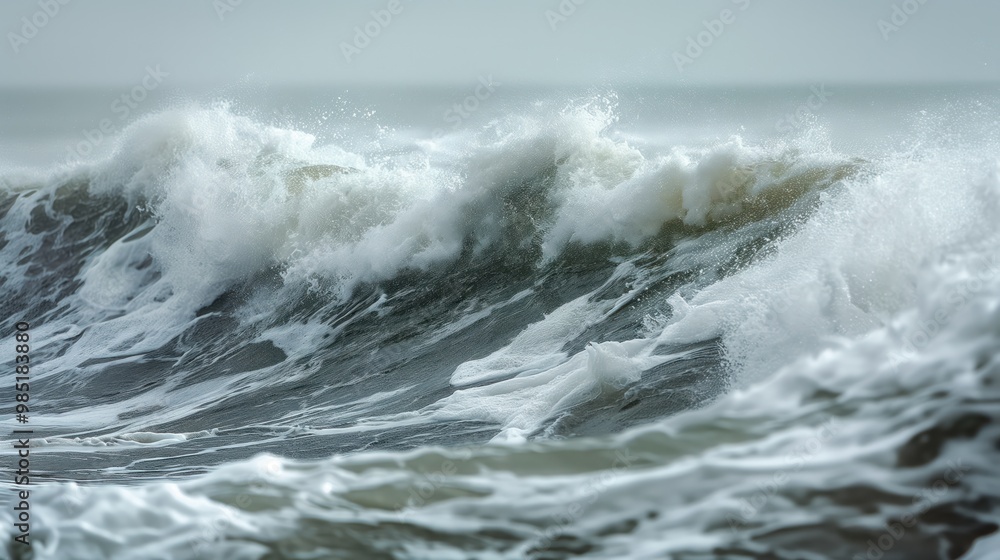 Close-up of rough sea waves crashing on surface. Blue water, white foam, and spray create dynamic texture. Stormy weather, empty beach, and clear blue sky make for a scenic and beautiful image. Close-up of rough sea waves crashing on surface. Blue water, white foam, and spray create dynamic texture. Stormy weather, empty beach, and clear blue sky make for a scenic and beautiful image.