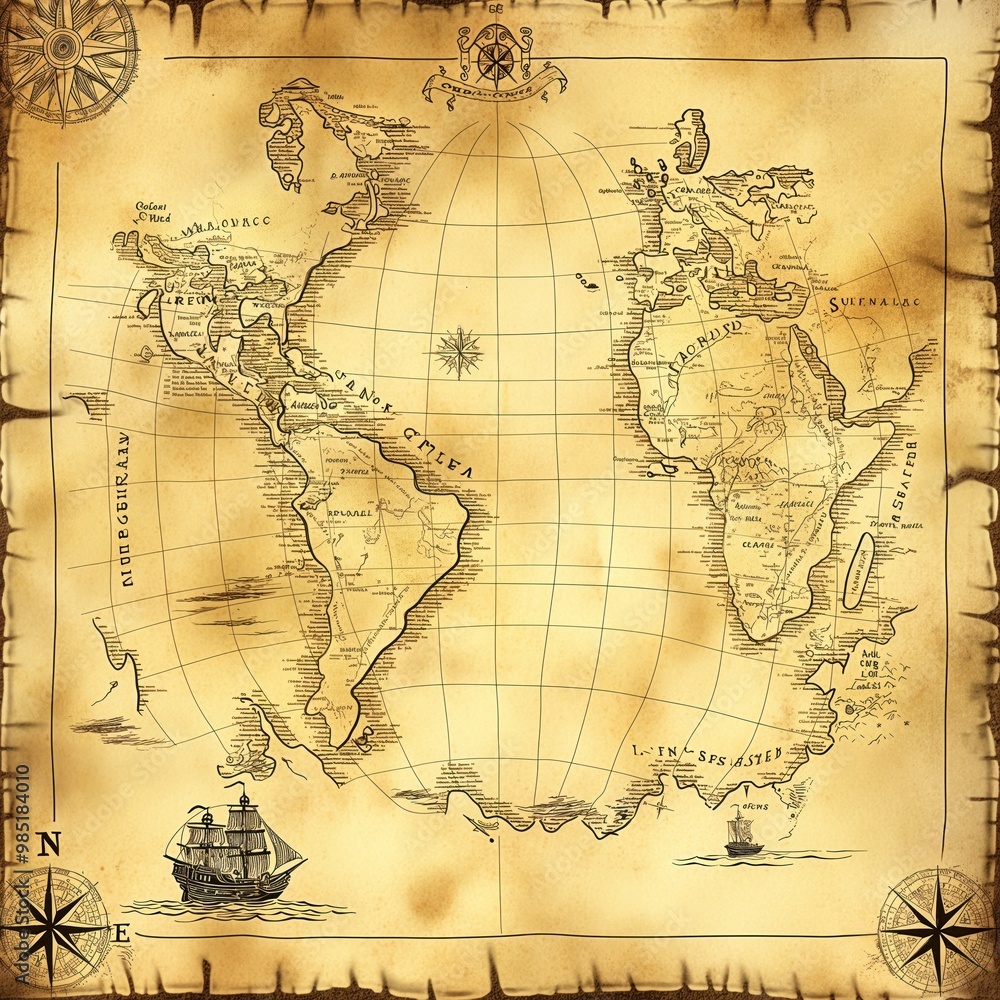 Obraz premium Vintage-style nautical map with distressed look. Old, worn-out parchment texture, yellowed with age. Pirate-era navigation chart with grunge-effect background.