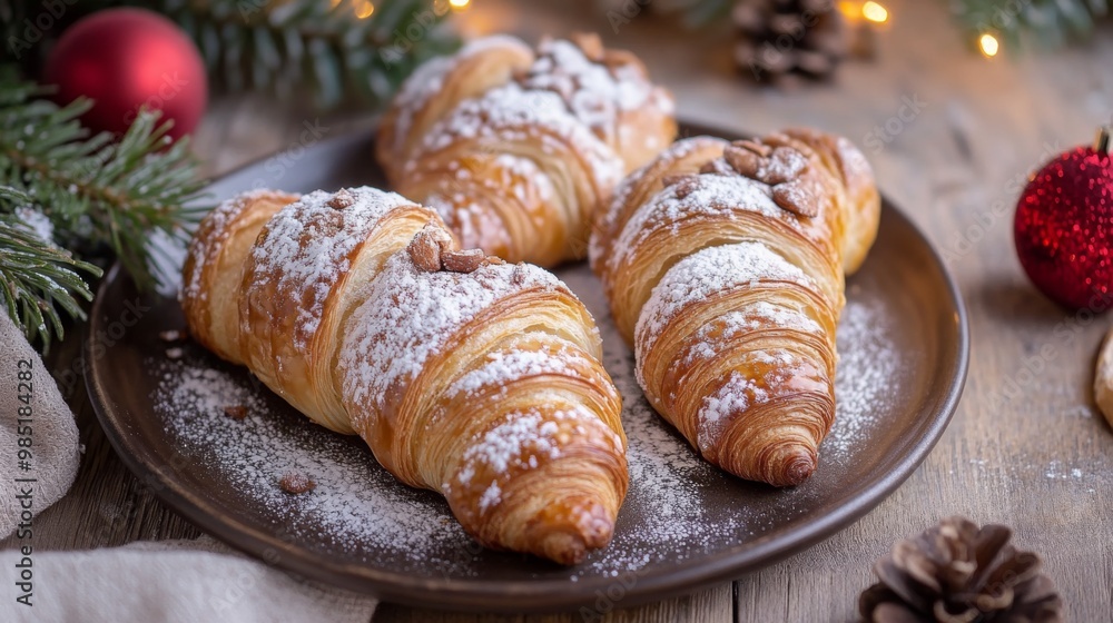 Three Buttery Croissants with Powdered Sugar on a Plate Three Buttery Croissants with Powdered Sugar on a Plate