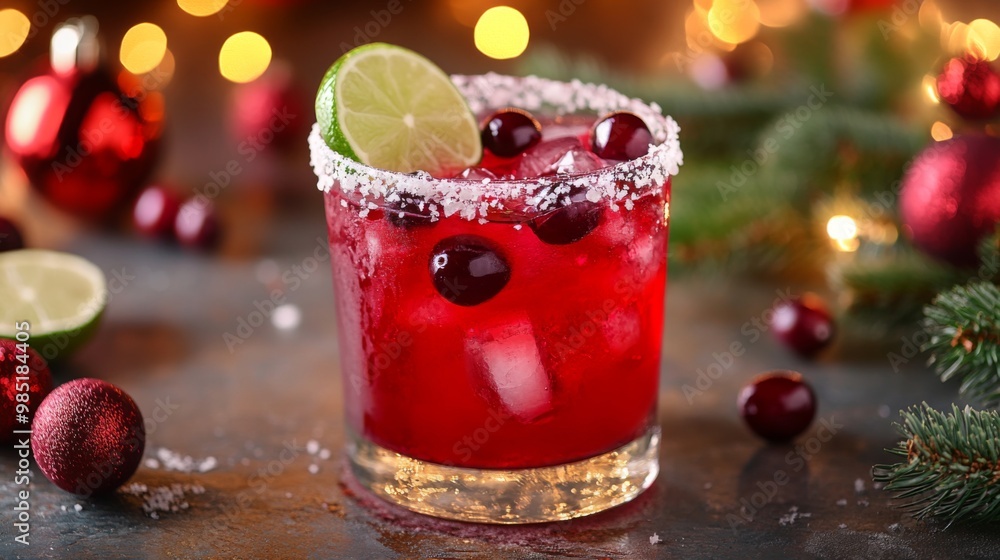 Cranberry Cocktail with Lime and Salt Rim in Festive Setting Cranberry Cocktail with Lime and Salt Rim in Festive Setting