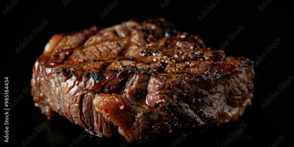 Vertical close-up of a perfectly cooked ribeye steak against a dark backdrop. Vertical close-up of a perfectly cooked ribeye steak against a dark backdrop.