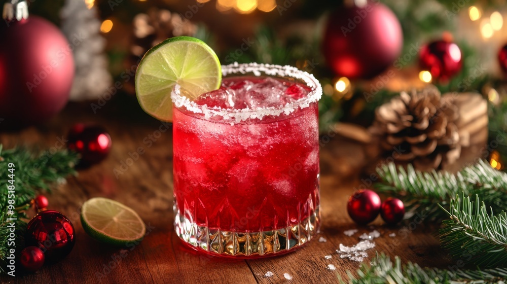 Festive Red Cocktail with Lime Wedge and Christmas Decorations Festive Red Cocktail with Lime Wedge and Christmas Decorations